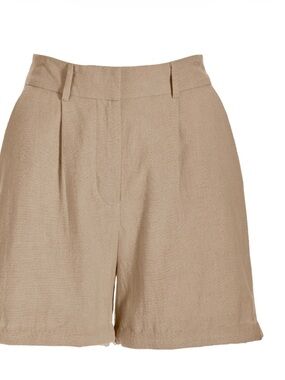 Boston Proper High-Rise Pleated Bermuda Shorts in Beige